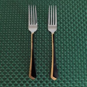 Yamazaki RAMONA Black Gold Dinner Forks Set Of 2 Stainless 18/8 Japan Vtg Glossy